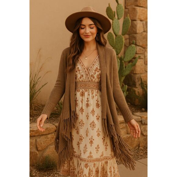 Sweater Cardigans Womens M Open Cardigan Wool  Brown Fringe Long Sleeve Boho - Picture 1 of 11